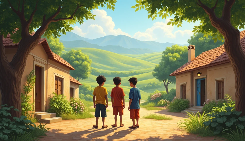 "A small, ancient village in India called Teerthpuri, surrounded by lush green fields, with three young boys – Sumit (smart and brave), Banti (playful and mischievous), and aftab (timid and fearful) standing together in the village square."