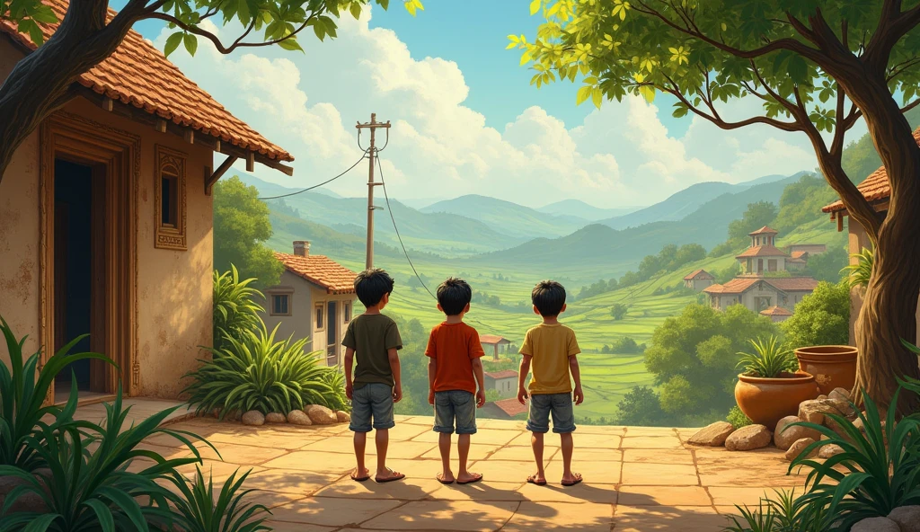 "A small, ancient village in India called Teerthpuri, surrounded by lush green fields, with three young boys – Sumit (smart and brave), Banti (playful and mischievous), and aftab (timid and fearful) standing together in the village square."