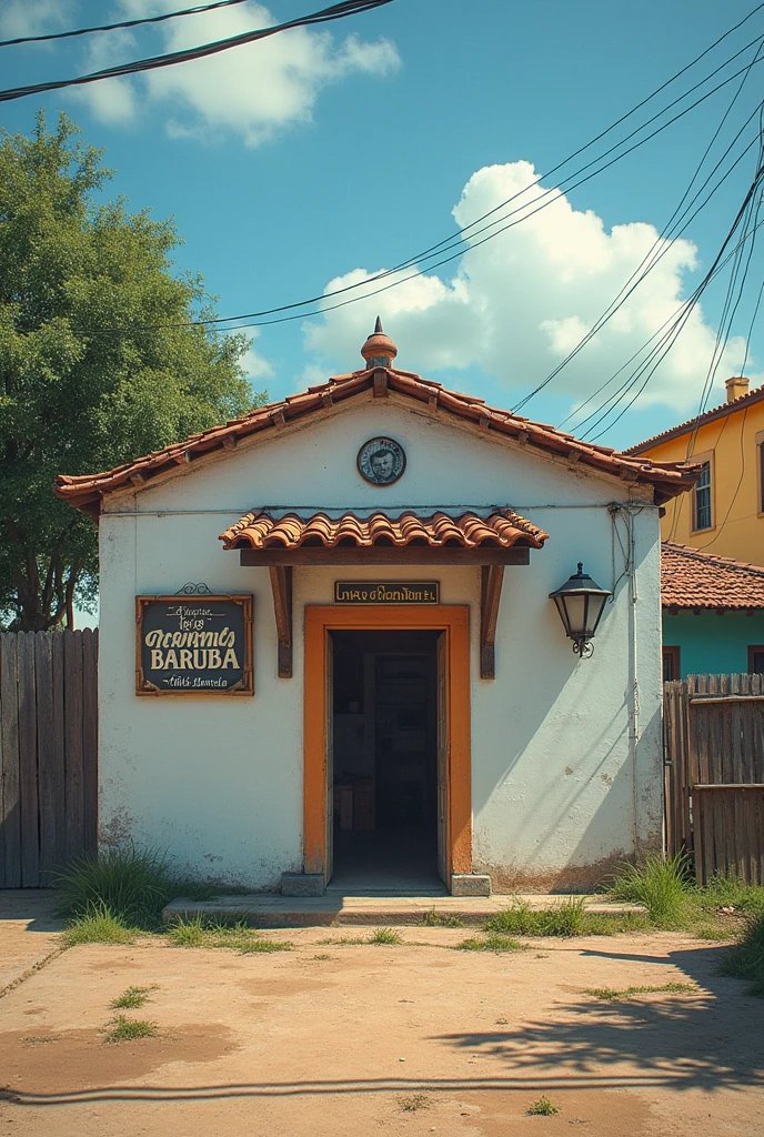 There is a small building all surrounded by a white wall, with a sign written in large letters “TERREIRO DE BARUBA”, a photo of Luis Miranda, instagramart, 真实感, frontal image, House, Location ( shanty town _ wand ), listing image, Location ( shanty town ), clean image, centre image, photo realist, Andreia Rocha, deep image, outside view, Description, one House, colonial House in background