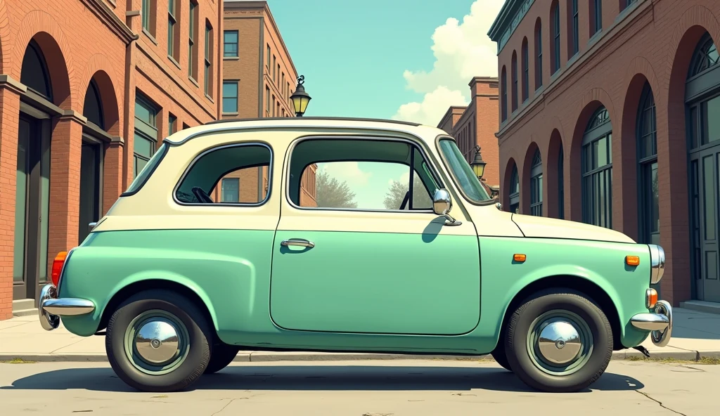 Side Angle: "Illustrate the 2025 Subaru 360 from the side view. The car’s compact, streamlined body should display its two-tone color scheme, with a clear division between the mint green and white sections. The design should highlight the car’s small yet stylish alloy wheels, curved roofline, and vintage-inspired side mirrors. The background should feature a vintage cityscape, with old brick buildings and classic street lamps, reinforcing the retro-modern blend."