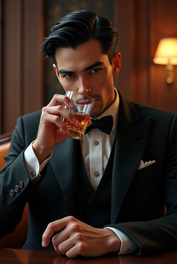 Man in a suit、Luxury、Watch emphasis、Drinking alcohol、a picture、realisticlying、top-quality、A detailed face、Bar Lounge、细致背景、diffuse sunlight、depth of fields