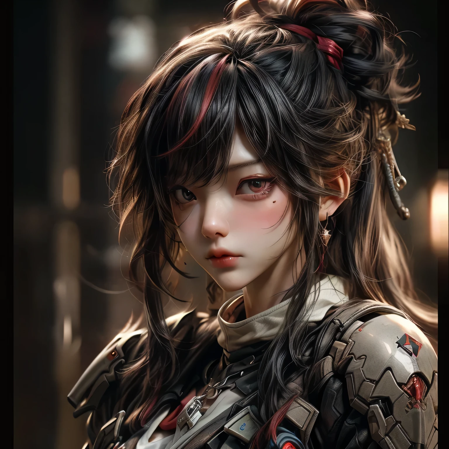 (best quality)), ((Masterpiece)), (details:1.4), 3d, HDR (high dynamic range), an image of a beautiful cyberpunk female, Hips up, cyberpunk, Red hair, Curtain Bangs, beautiful Red eyes, จมูกโด่ง, ปากแดง, หน้าอกใหญ่, nvidia RTX, PBR surface, After processing, Anisotropic filtration,depth of field, Maximum clarity and clarity, multi-layered surface, Subsurface scattering, perfect proportions, 8K raw files, ultra detailed, Perfect proportions, volumetric lighting, soft lighting, Holy Paladin, Heavy Black Armor, glossy skin, Chapel background, jewely, ต่างหู, นิ้วมือสมบูรณ์,
