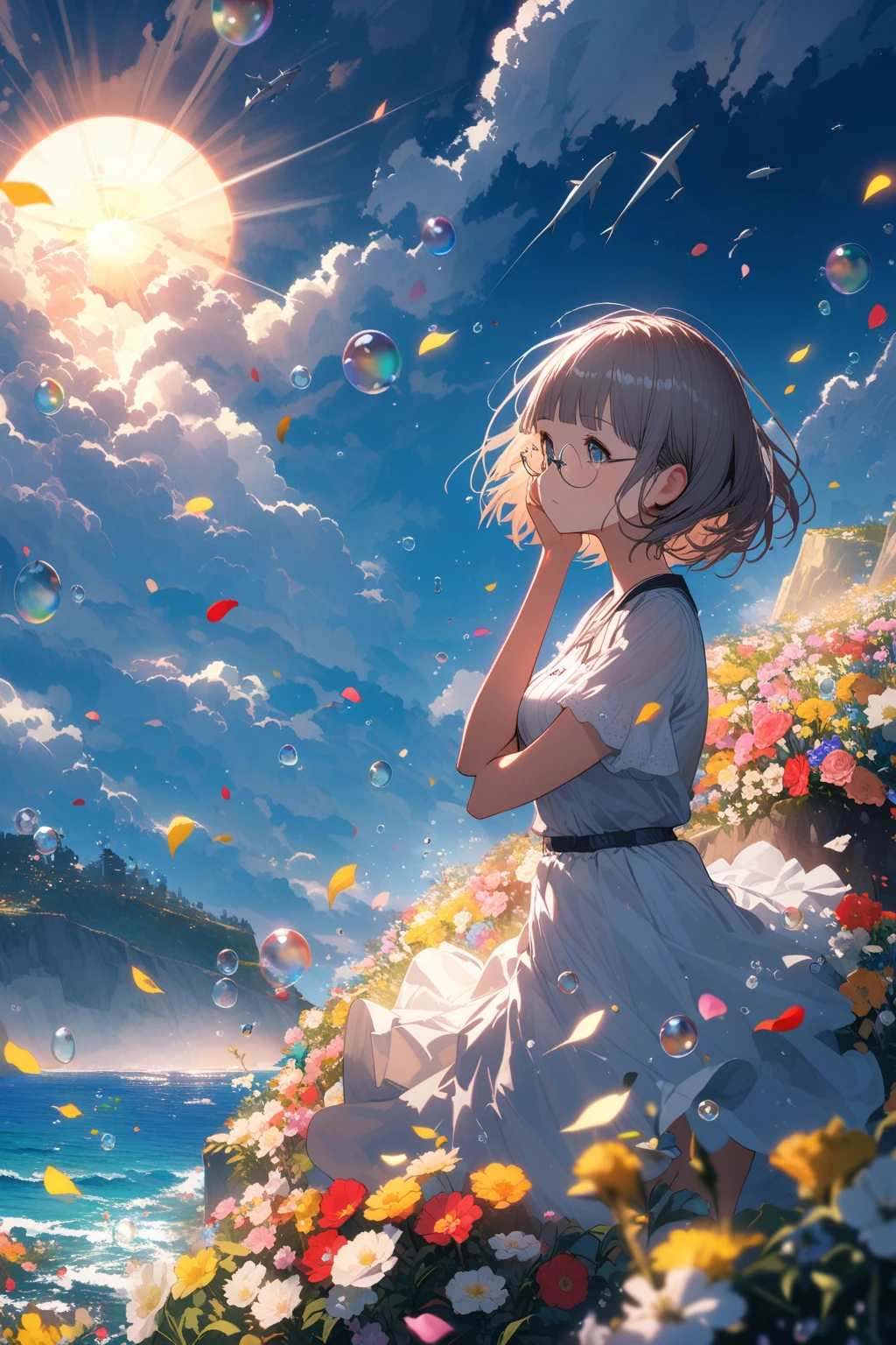 (extremely detailed fine touch:1.3), girl, solo, alone, 2.5d, (((silver semi-rimless round eyewear:1.3))), short hair, smooth hair, blunt bangs, look up sun, hand on own face, on the cliff, flower garden, sea, cumulonimbus, flying fish, soap bubble, petals dance in the wind