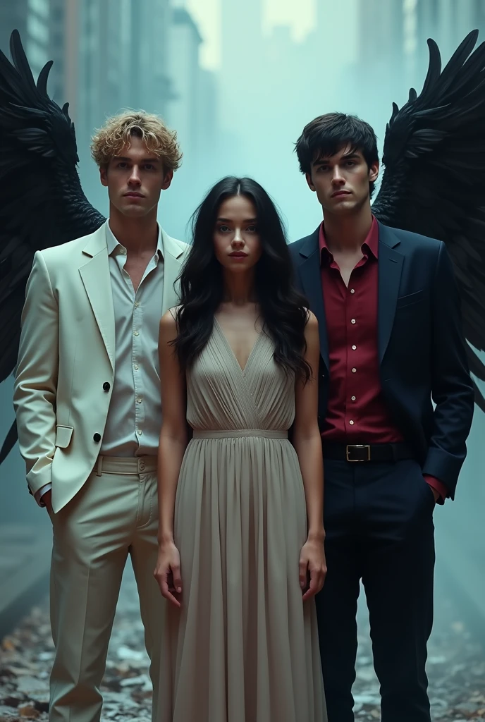 the protagonist , a young girl with wavy black hair, with a fine face, features like Megan Fox, with a dress, To his right is Lucifer, a handsome black-haired man with a wine-colored shirt and suit pants and his black wings barely noticeable similar to the actor Tom Ellis and to his left a blond man in a white suit , and barely perceptible white wings, similar al actor Jeremy Irvine. The three characters in the American shot , the protagonist in the middle . Background between light blue ,red and black, with feathers as decoration.