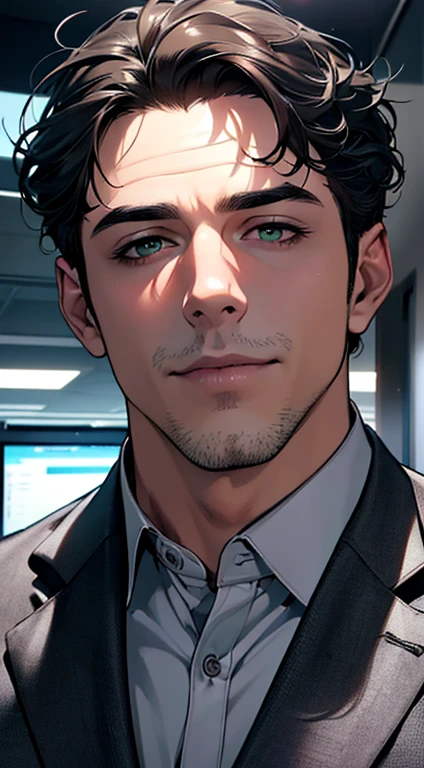 (best quality,4k,8k,highres,masterpiece:1.2),ultra-detailed,(realistic,photorealistic,photo-realistic:1.37),1 man,3,mature man,very handsome,without expression,smile,short grey black hair,green eyes,penetrating gaze,perfect face without errors,imposing posture,businessman,office background,cinematic lighting,hdr image