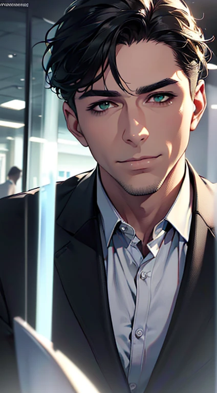 (best quality,4k,8k,highres,masterpiece:1.2),ultra-detailed,(realistic,photorealistic,photo-realistic:1.37),1 man,3,mature man,very handsome,without expression,smile,short grey black hair,green eyes,penetrating gaze,perfect face without errors,imposing posture,businessman,office background,cinematic lighting,hdr image