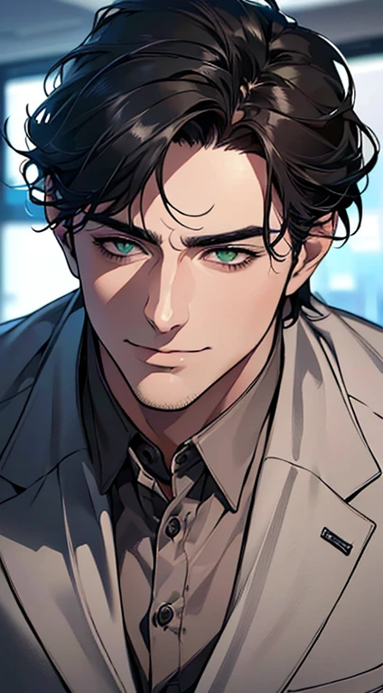 (best quality,4k,8k,highres,masterpiece:1.2),ultra-detailed,(realistic,photorealistic,photo-realistic:1.37),1 man,3,mature man,very handsome,without expression,smile,short grey black hair,green eyes,penetrating gaze,perfect face without errors,imposing posture,businessman,office background,cinematic lighting,hdr image