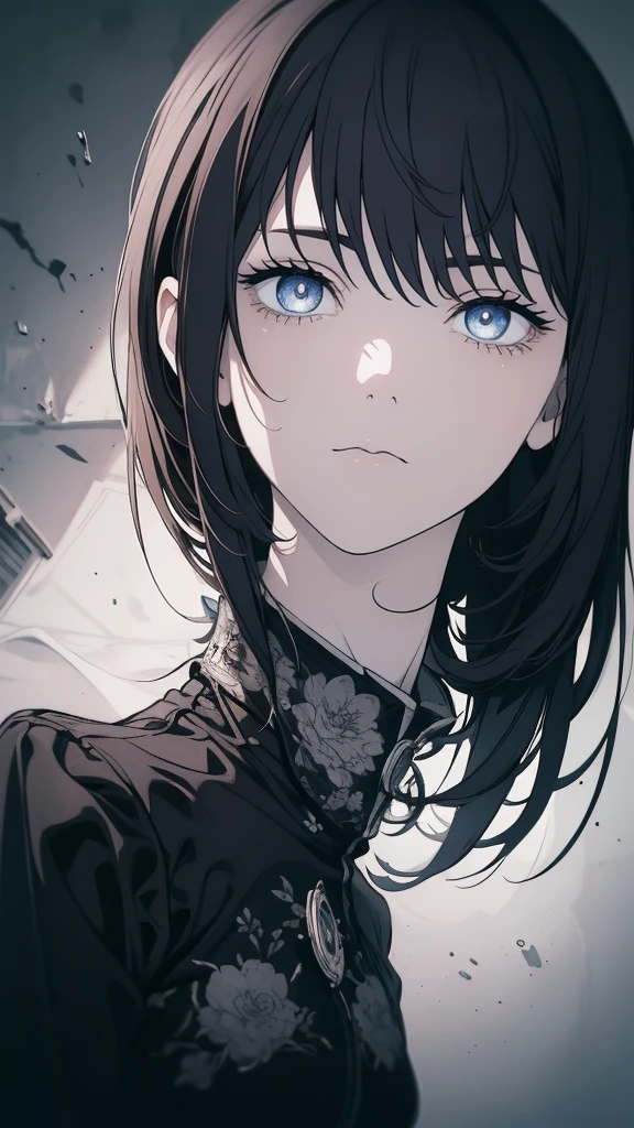1 boyish girl, solo, sharp eyes, monochrome, greyscale, short black hair, portrait, T-shirt, closed mouth, looking at viewer, sketch, graphite \(medium\), detailed lips, hatching \(texture\), without makeup, bangs, upper body, (best illustration), (best quality), (very detailed), (masterpiece),