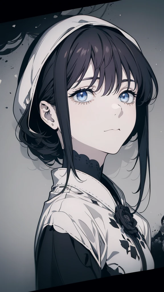 1 boyish girl, solo, sharp eyes, monochrome, greyscale, short black hair, portrait, T-shirt, closed mouth, looking at viewer, sketch, graphite \(medium\), detailed lips, hatching \(texture\), without makeup, bangs, upper body, (best illustration), (best quality), (very detailed), (masterpiece),