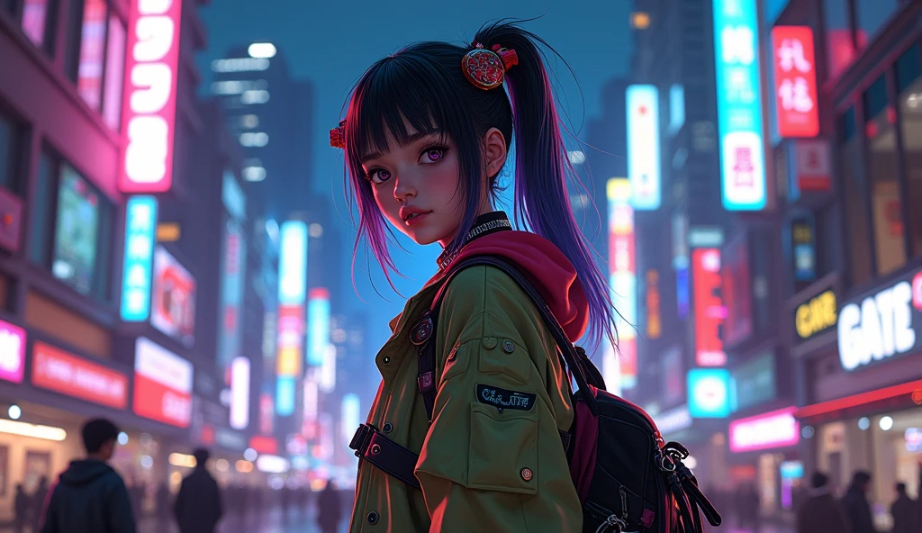 Cyberpunk ,dark neon,anime girl ,Harajuku Street fashion
