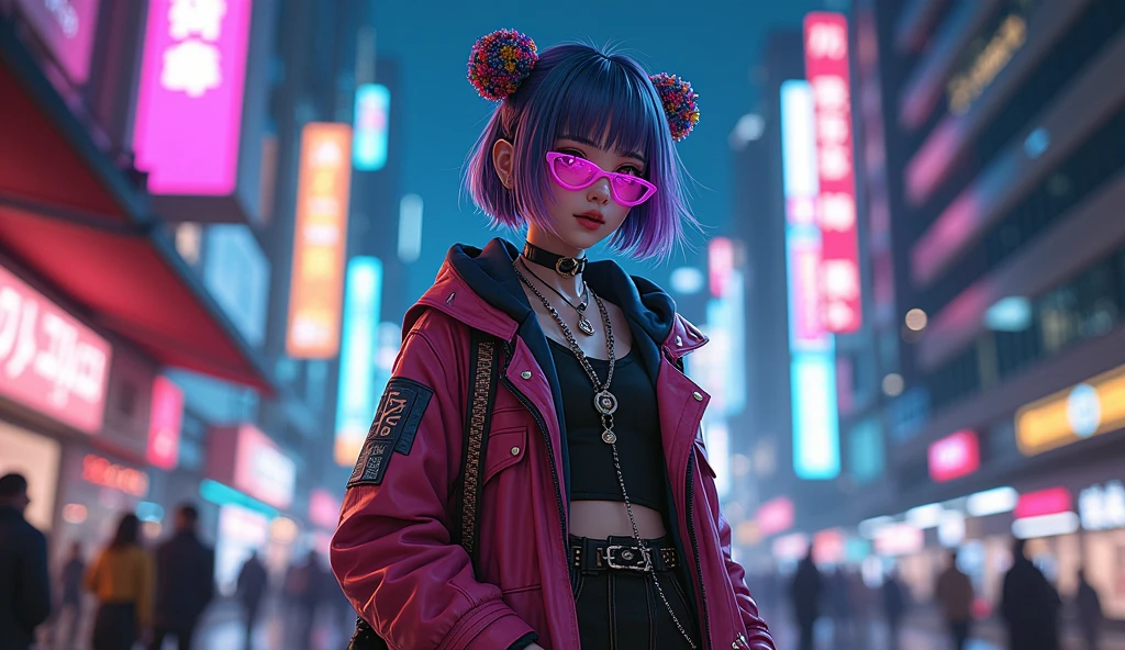 Cyberpunk ,dark neon,anime girl ,Harajuku Street fashion