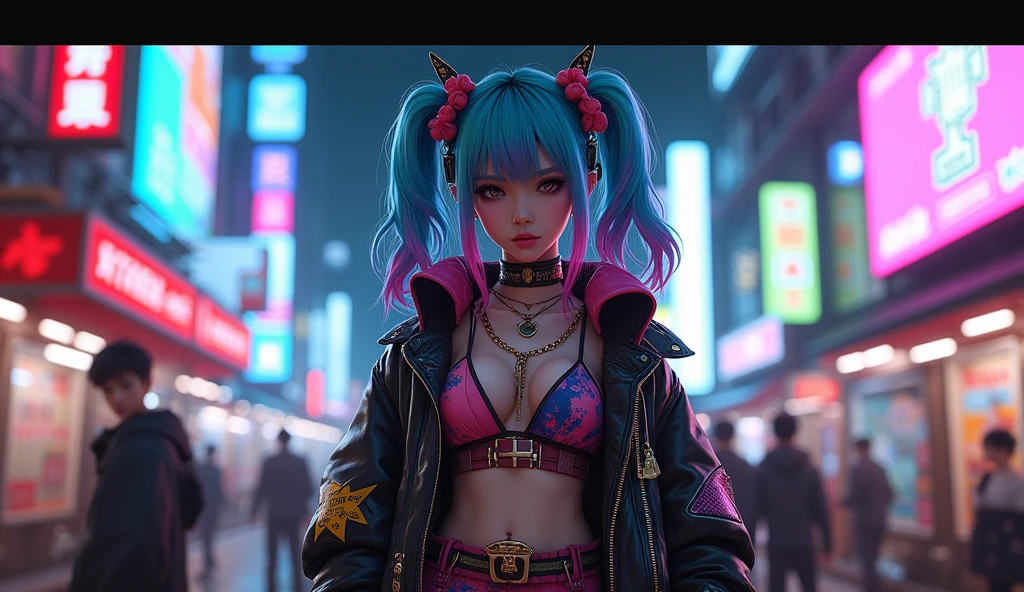 Cyberpunk ,dark neon,anime girl ,Harajuku Street fashion