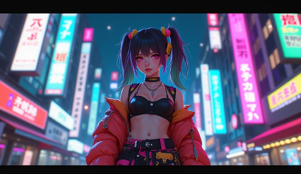 Cyberpunk ,dark neon,anime girl ,Harajuku Street fashion