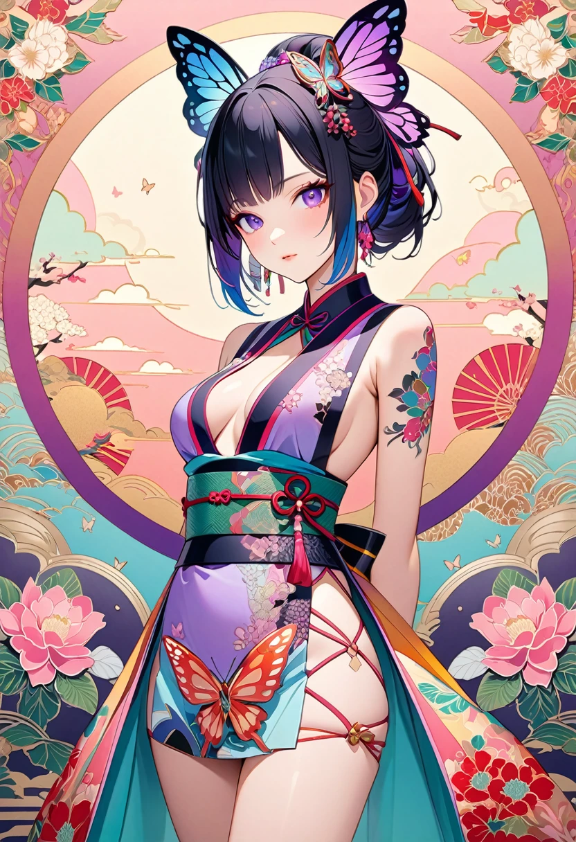 A mesmerizing surreal illustration of a young japanese woman resembling Shinobu Kouchou. She has black hair, purple eyes, a butterfly hair ornament, and wears a vibrant pastel colored outfit adorned with intricate floral patterns. She has a smooth, warm complexion, and bold, colorful tattoos cover her arms and legs. The tattoos feature traditional Japanese motifs like flowers and mythical creatures, rendered with meticulous detail in a pastel color palette. The background is a vintage floral-patterned wallpaper that complements the artwork's colors. The line work is precise, with delicate shading that gives the illustration a 3D quality. The artwork fuses modern illustration techniques with traditional Japanese aesthetics, resulting in a visually striking, portrait, Shinobu_Kocho, butterfly_hairpiece, multicolored_hair, purple_hair, black_hair, medium breasts, slender, arms behind back,