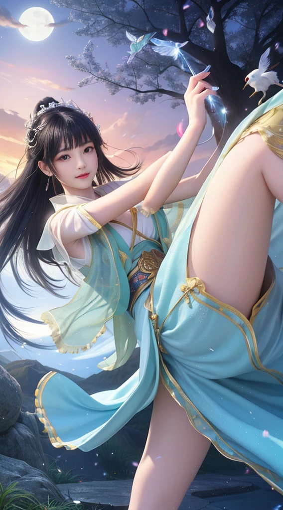 A woman wearing gorgeous clothes in ancient China, superlative, long black hair, Chinese-style headdress, intricate and detailed jewelry, blingbling jewelry, wearing Dunhuang-style clothes, like a fairy descending, full of wisdom, fresh temperament, fair skin, long pink hair, flowing long hair, messy and scattered hair, afternoon sunset, edge lighting, best light and shadow, best shadow, sparkling, dreamy picture, snowy mountains in the distance, complex clothes, flying Ayara, There is a kind of scent, body fragrance, petals, surrounded by petals, outside the temple in Tibet, 1girl, ultra HD, complex light and shadow, dancing, light makeup, big eyes, long eyelashes, slim, good-looking long legs, thin waist, will be deeply attracted by the characters in the painting, Chinese and Western mixed race, 28 years old, mysterious, bare feet, gold on the head, wearing a bracelet, expression seducing, pink blush, looking at the audience, extraordinary temperament, (half), detailed face, detailed face, ultra HD, 8K, real skin, Hyper-realistic, surrealism, complex clothes, backlight is the red of the sun, super light and shadow expression, clothes are very gorgeous, dunhuang_style_close, Chinese architecture, biting clothes, making shy expressions, staring at the camera, (bust close-up), (side: 1.3), looking down at the lens, sun flare, (clothes are very long satin falling everywhere), art style, decorative painting style composition, full of color, normal beautiful eyes, lens sense, dynamic, Extreme dance moves, (professional classical Chinese dance moves), imaginative composition, more gorgeous, abstract background, conservative clothes, not exposed, gorgeous special effects, more petals flying around, fluttering clothes, (the strongest light and shadow expression), Chinese mythological special effects background, (face close-up), calm lake in the distance, water surface light enhancement, ray tracing, real shadows, best quality, best movie filter, 8K, beauty, she is a nine-tailed fox transformed woman with nine fox tails on her body, Lie on your stomach in front of the camera