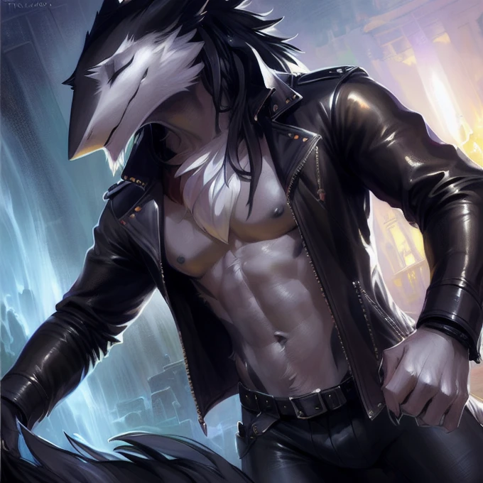 ((masterpiece, Best Quality):1.0), the second (male sergal:1.2), leather jacket, close up, bare chest, claws, closed eyes, negro:White skin, breast tuft, dress, simple background, digital sketch, Vibrant, gloomy, dynamic light, ((by Pino Daeni, Greg Rutkowski, thomas kinkade):1.0), 