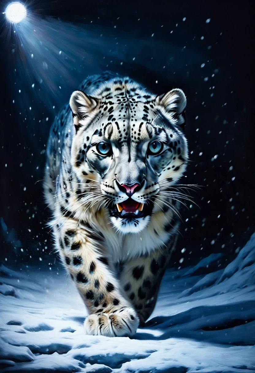 painting of a snow leopard aggressively hunts stalks prey at night, dark atmosphere, cinematic scene, volumetric lights, ultra realistic, in the style of nicola samori