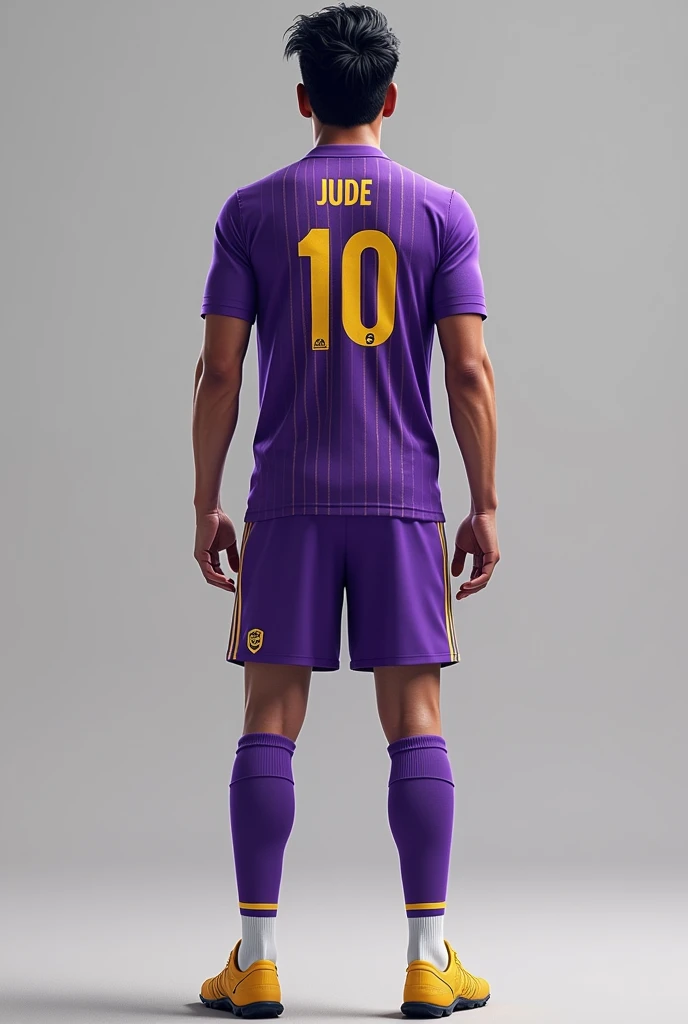 A football player with violet jersey his number was 10 and name was jude good looking his team was Ghss kamballur and yellow boots with white scoks with violet shorts. Show the back portion. He was white and has stylish black hair. In jersey there are thin yellow lines in parallel white socks
Stylish haur