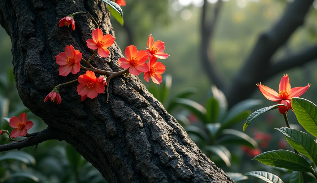 There is a kind of wood in the osmanthus forest,It is shaped like paper mulberry but has a black texture.,Its flowers are exceptionally gorgeous(best quality,4K,8k,High level,masterpiece:1.2),Ultra Detailed,(lifelike,Photo real,Photo real:1.37)