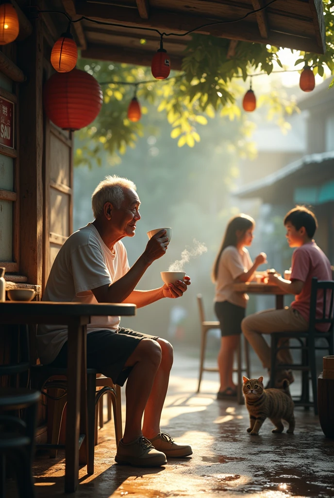 (Photorealism 1.2) high detailed definition cinematic cinematography old Chinese man wearing white t-shirt short trousers at old rusty wood coffee shop sitting drinking coffee bowl of noodles at table young women shop attendant servings customer kids running cat begging food wet floor morning mode sunlight silhouette at Malay old town