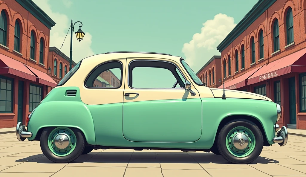 Side Angle: "Illustrate the 2025 Subaru 360 from the side view. The car’s compact, streamlined body should display its two-tone color scheme, with a clear division between the mint green and white sections. The design should highlight the car’s small yet stylish alloy wheels, curved roofline, and vintage-inspired side mirrors. The background should feature a vintage cityscape, with old brick buildings and classic street lamps, reinforcing the retro-modern blend."