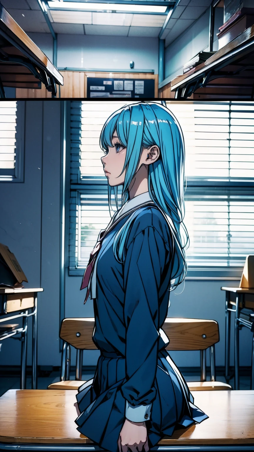 Reference Sheet, Character Design, One person, Long light blue hair, dark blue, sit in classroom, Modern black school uniform, anime