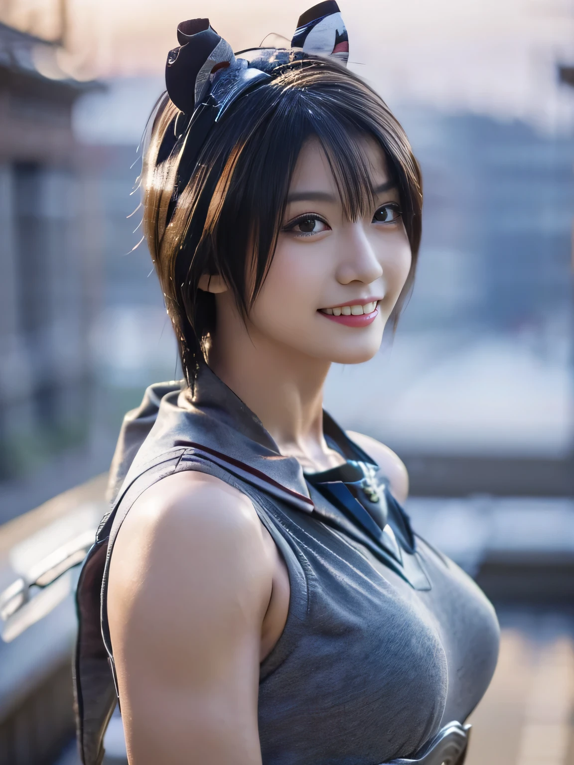 20 year old Japanese beauty,One woman、Muscular body like a bodybuilder、Emphasize the breasts、He wears a headband on his head、Slit eyes、A head-to-toe view,Bust is very very large、The background is a snowy country、High quality photos、Clear, crisp images of the lower body、Masterpiece 8k、Smiling、Is doing a high kick、From the front, from the side, from the back, etc.々from what camera angle to shoot、Light blue ninja costume