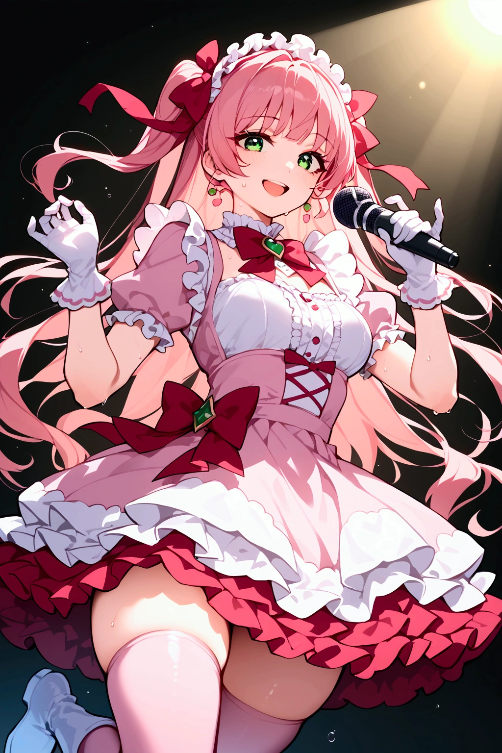 score_9, score_8_up, score_7_up, rating_safe, masterpiece, best quality, very aesthetic, absurdres, 1girl, solo, pink hair, long hair, hair ribbon, ribbon, bangs, green eyes, smile, open mouth, faint lips, idol, idol clothes, red bow, pink dress, frilled dress, frills, gloves, white gloves, thighs, skindentation, pink thighhighs, white boots, sweat, hands up, spotlight, holding microphone, faint light