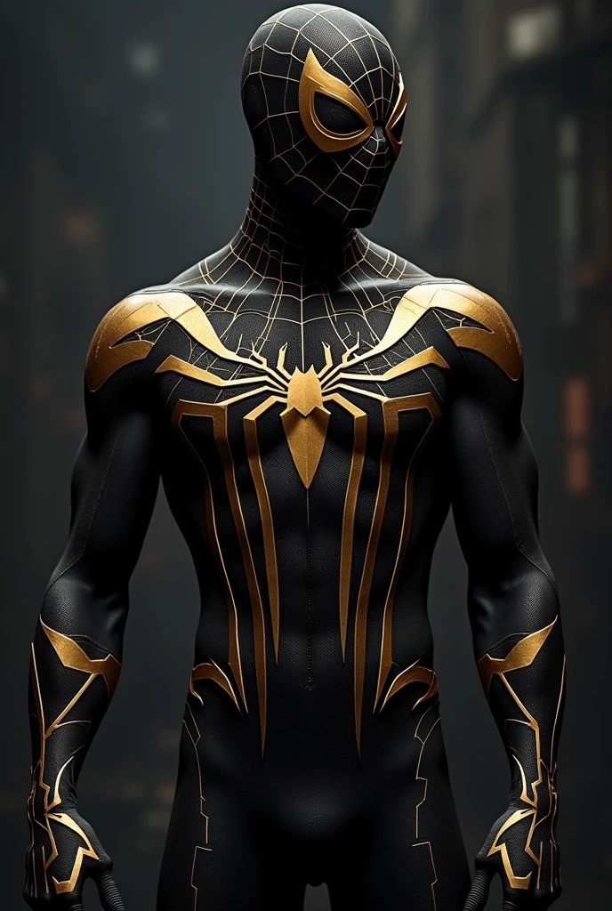 Spiderman suit but with black colors (for most of the suit) and golden (for stripes), The costume also has light details of stars and constellations.