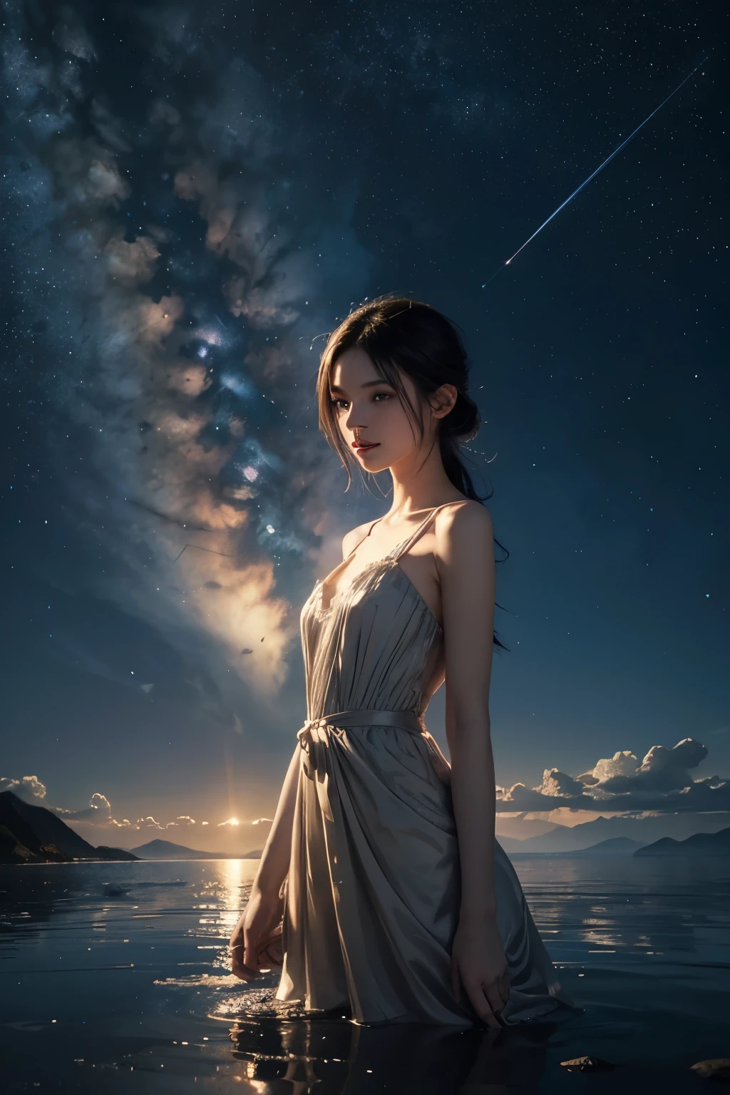 1 girl, extremely detailed eyes and face, beautiful detailed lips, long eyelashes, slender body, cute one piece dress, beautiful night sky, meteor shower, beyond the clouds, water surrounded, reflections, wide angle, breathtaking clouds, by makoto shinkai, thomas kinkade, james gilleard, by holosomnialandscape, hdr, volumetric lighting, ray tracing, an intricate, high details, very detailed, deviantart, 4k vertical wallpaper, colorful, airy, anime illustration, anime nature wallpaper