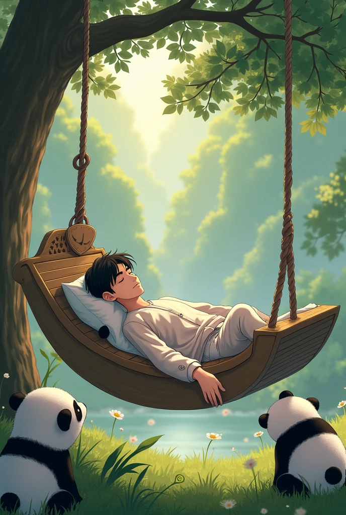 A handsome anime man sleeping in the big swing; waking up and smiling (Other pics) and pandas meeting him 