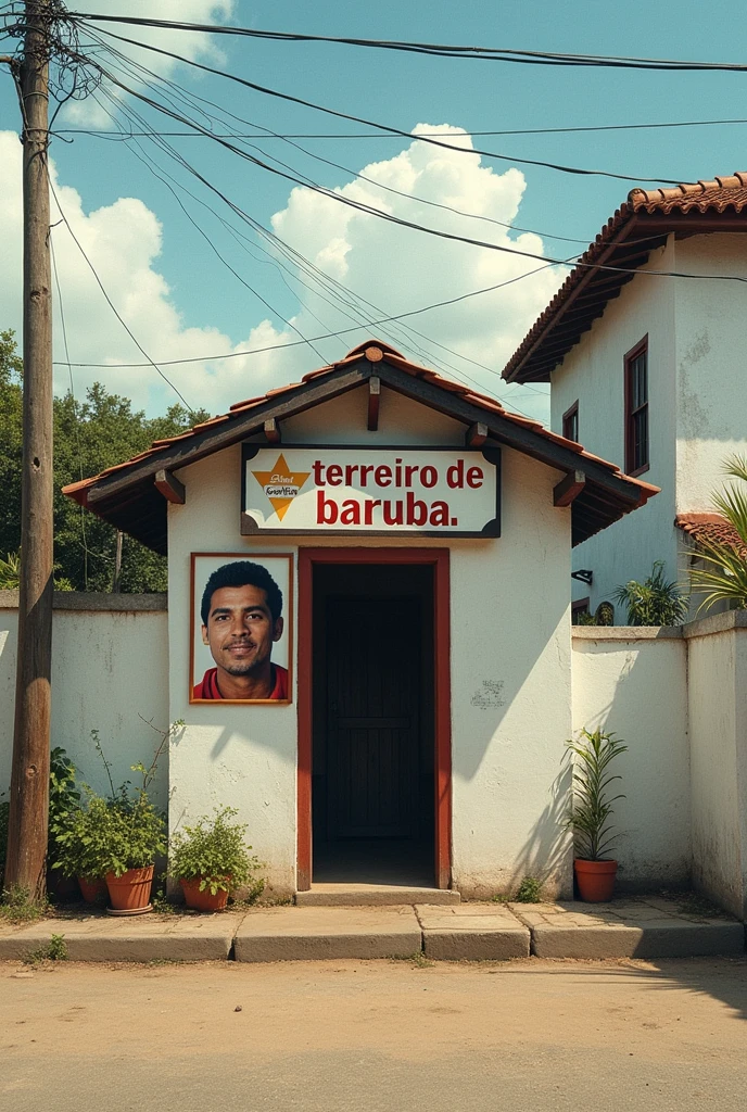There is a small building all surrounded by a white wall, with a sign written in large letters “TERREIRO DE BARUBA”, a photo of Luis Miranda, instagramart, 真实感, frontal image, House, Location ( shanty town _ wand ), listing image, Location ( shanty town ), clean image, centre image, photo realist, Andreia Rocha, deep image, outside view, Description, one House, colonial House in background