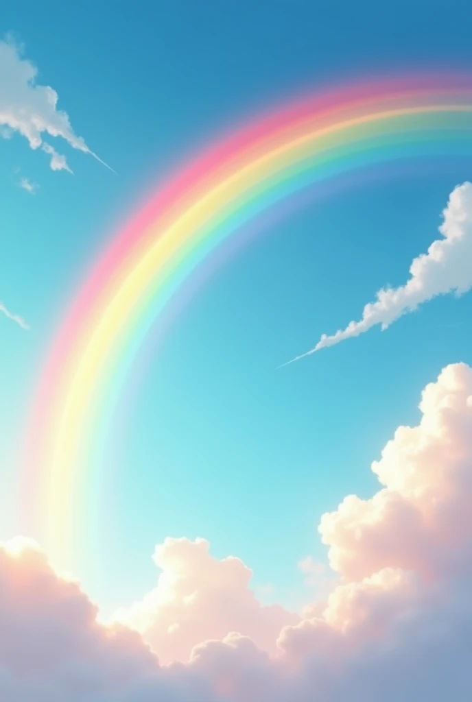 A vibrant long rainbow stretches across a clear blue sky, its colors graduating from deep crimson to fiery orange and finally radiant yellow, with a hint of green at the outer edge. The arc of color is set against a warm, sunny day, with fluffy white clouds drifting lazily by.