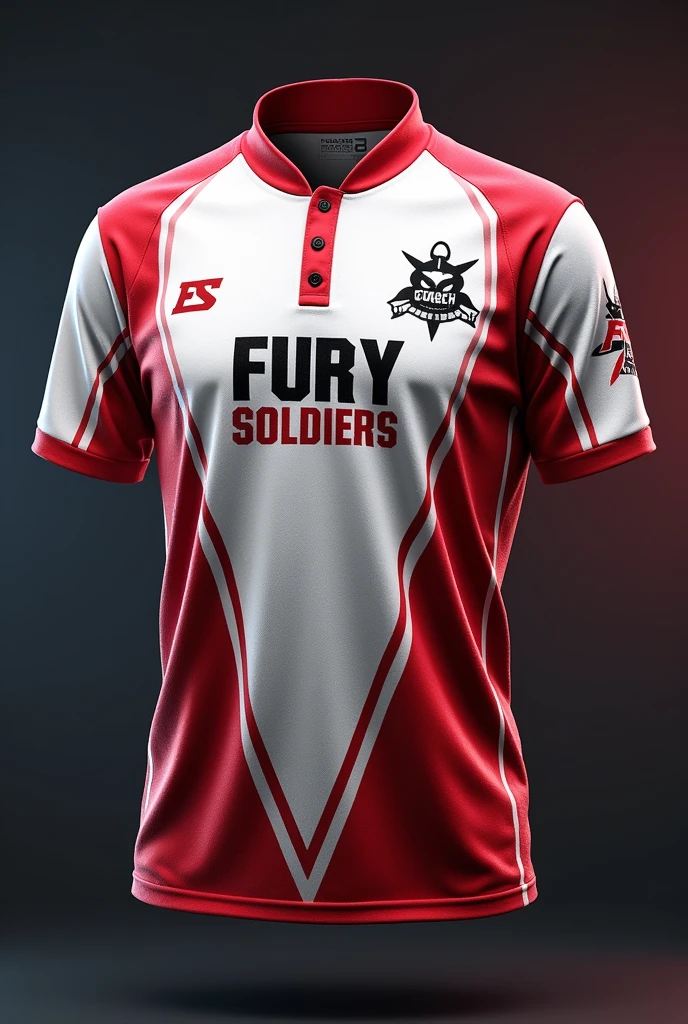 make esports jersey in red and Make an esports jersey for pubg to wear in lan .mainly foucs on white color but also spray dark red color in front of jersey .give it color and 2 buttom .Fs logo in right top chest .write fury soldiers in middle as a team name .highlight some khukiri in background of thishirt as overlay .