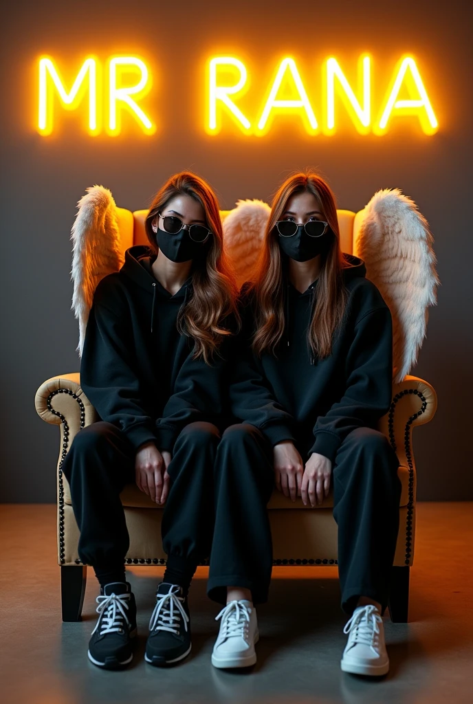 Create a 3D illusion for a profile picture where a 2 cute girl in a black hoodie Sitting casually on a Wingback chair. Wearing sneakers, with black mask, and sunglasses, he looks ahead. The background features "MR RANA" in big and capital Yellow neon light fonts on the dark grey wall. There should not be his shadow, and there are wings to make it appear as if he is an angel. "