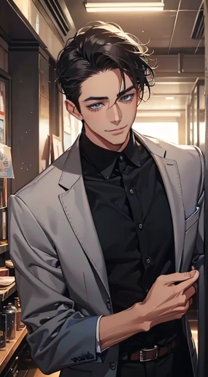 a mature man with short grey Black hair, blue eyes, 31 years, and a perfect face, smiling in love, CEO, cinematic lighting, 1:4 HDR image, top view, ultra detailed, best quality, masterpiece, 8K, photorealistic, beautiful image