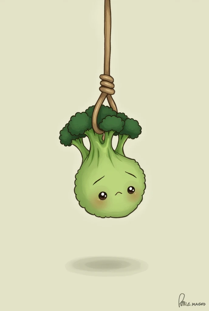cute dead broccoli getting hanged eyes closed and sad