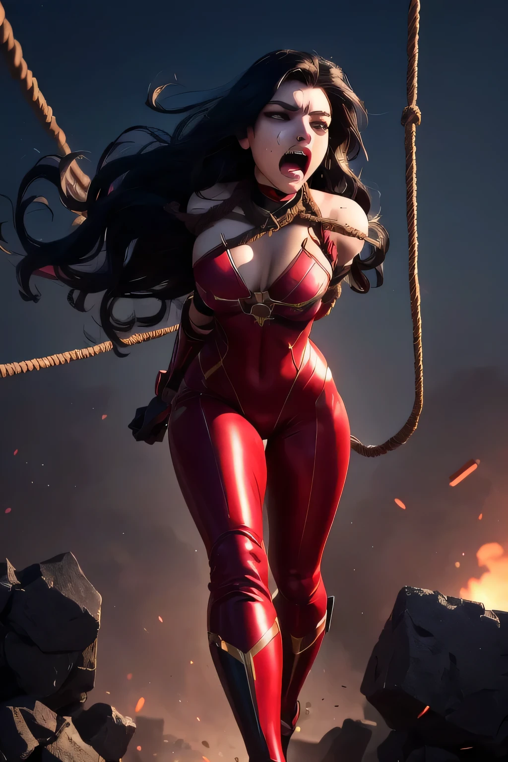 full body shot, superheroine, named crimson bullet, she was captured, ((rough rope wrapped around chest, tighten up)), static restrained, ((arms behind back 1.5)), rope bind, cruelly, painful, helpless, humiliating, regrettable, being whipped, now she escaped from prison and running hard. she remains tied up. ((rough rope wrapped around chest, tighten up)), static restrained, ((arms behind back 1.5)), enemy soldiers' gunfire is hitting her, ((screaming in pain)), she wears a form-fitting red bodysuit that accentuates her athletic figure. The bodysuit has gold accents, a star emblem on the chest, and intricate designs on the shoulders, hips, and thighs. The suit's material has a metallic sheen that reflects the surrounding light, emphasizing the futuristic theme. Her hair is shiny black and very long has well-groomed waves. She wears long red metallic gloves and matching thigh-high boots, both decorated with gold trim. A futuristic gauntlet is worn on her right arm,