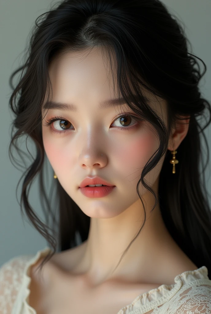 a pretty girl with pale skin, black hair, half-Asian eyes