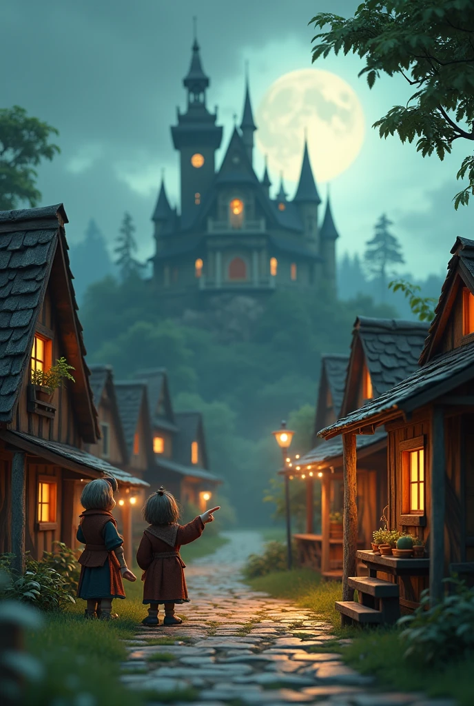 In 3d animation style "Village Scene:** A small, quaint village with villagers whispering and pointing towards the haunted mansion, conveying their fear and suspicion."