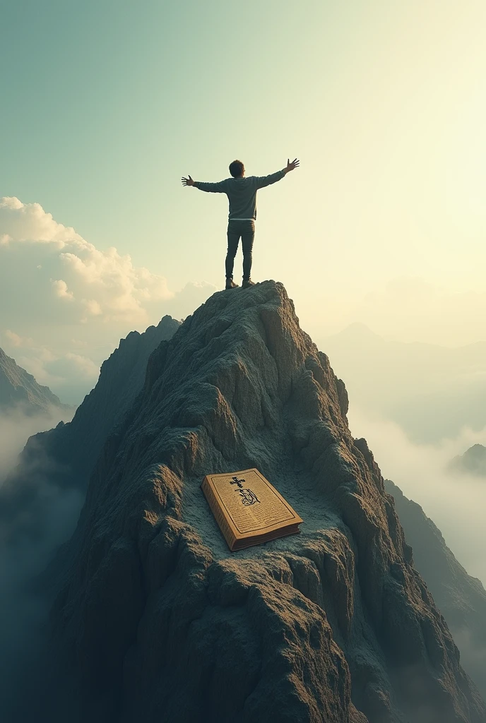 Imagine a person standing on a rocky mountain peak, arms outstretched and eyes lifted towards the sky. Beneath their feet, a subtle image of a Bible or a scroll is embedded in the rock, symbolizing the promises of God. The person's stance conveys confidence, hope, and trust.