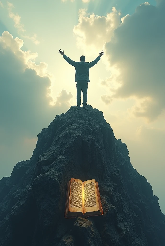 Imagine a person standing on a rocky mountain peak, arms outstretched and eyes lifted towards the sky. Beneath their feet, a subtle image of a Bible or a scroll is embedded in the rock, symbolizing the promises of God. The person's stance conveys confidence, hope, and trust.