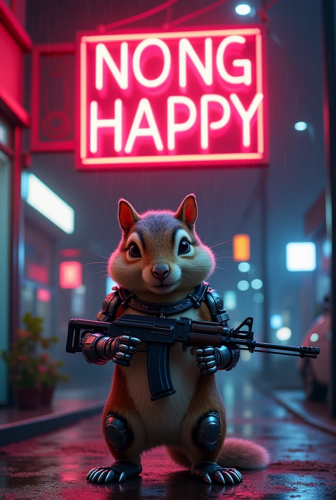 Movie poster. A large neon sign in the center reads "Nong Happy." High quality, highly detailed 4k 8k masterpiece. Conceptual art Cybernetically enhanced chipmunk. Red eyes, neon lights, robot chipmunk, big muscles, one hand holding an AK, one foot metal, looking at the viewer, standing in front of the chipmunk's house, taking care of himself, cyberpunk scene. night, rain, neon lights,