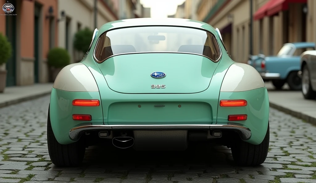Rear Angle: "Render the 2025 Subaru 360 from the rear angle. The design should showcase the car's round taillights with a modern LED twist, a subtly curved rear bumper, and a small, vintage-inspired Subaru emblem. The rear window should be slightly curved, following the retro theme. The car’s glossy two-tone paint job in mint green and white should be clearly visible. Set this scene in an old-town area with a cobblestone road and a few parked classic cars to emphasize the heritage."
