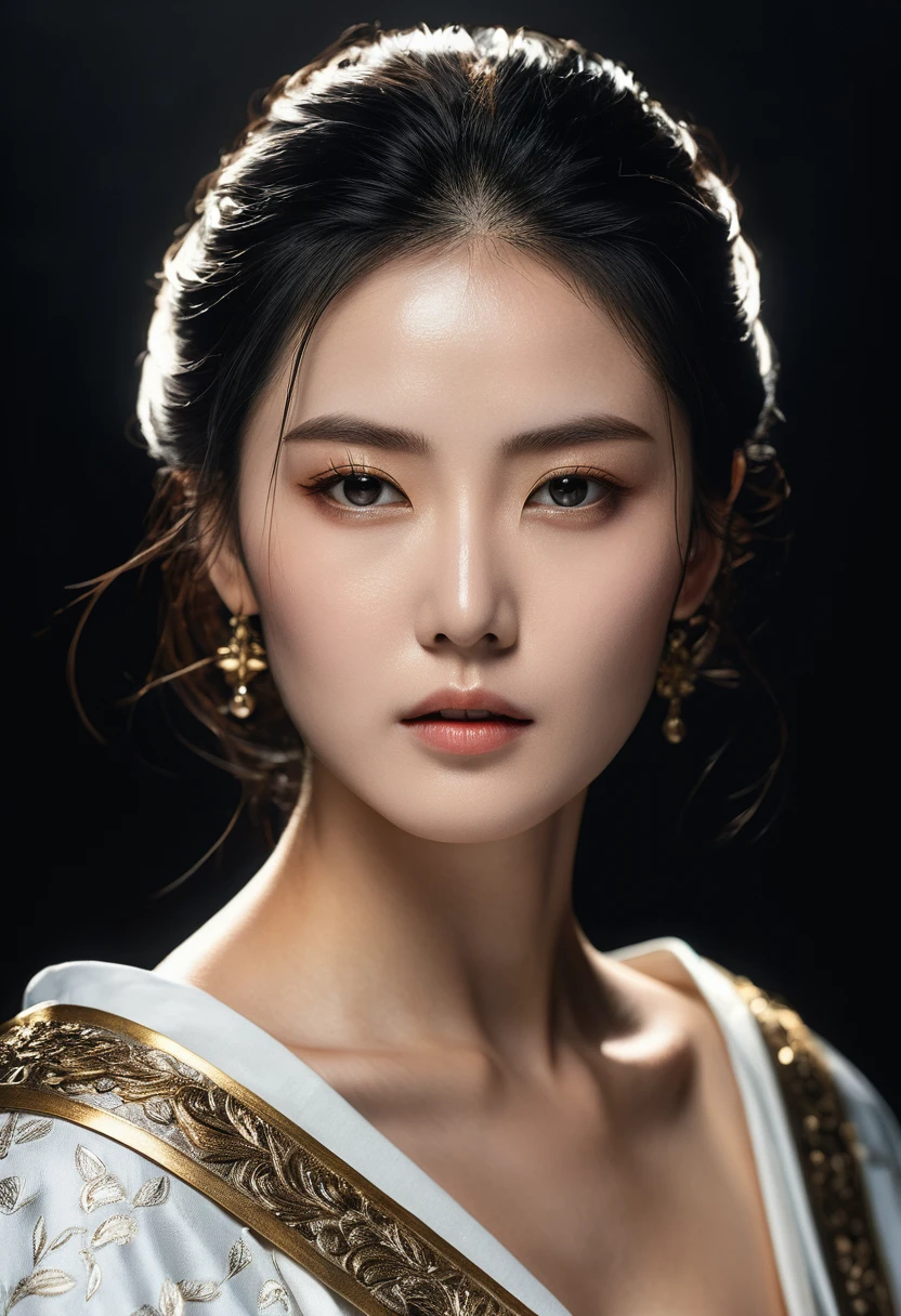 genius extremely beautiful idol lady Keiko, horizontal French twist hair,  black hair, subtle makeup, golden hour, photorealistic, high contrast, 8k HD, detailed, hyper-detailed, realistic skin texture, medium breast, best quality, ultra high res, raw photo, dramatic lighting, unreal engine, diffuse glow  intricate silver eaba, white imperial cape, spear, sword, no helm,  intricate details High Quality, 8k, Realistic, Ultra-Detailed, Dramatic Lighting, Soft Focus, Digital Illustration, Intense Expression, Strong Gaze, Intense Emotion, Complex Mechanics, Advanced Technology, Dark Background, Cinematic, High Contrast, Moody, Strict, Atmosphere, (Best Quality, 4k, 8k, High Definition, Masterpiece: 1. 2 ), ultra-detailed, (realistic, graphic, photorealistic:1.37) --no glass