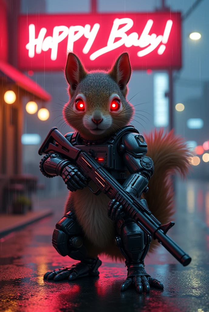 movie poster. A large neon sign in the center says."Happy " high quality, highly detailed masterpiece 4k 8k. Cybernetically enhanced squirrel concept art. Red eyes, Neon lights, Squirrel Robot, big muscles, a hand holding an AK, a metal foot, looking at the viewer, standing in front of the squirrel house, taking care of yourself, cyberpunk scene. evening, rain, Neon lights,,