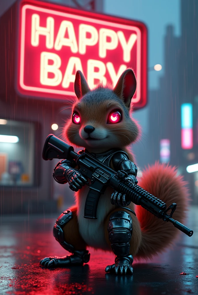 movie poster. A large neon sign in the center says."Happy baby" high quality, highly detailed masterpiece 4k 8k. Cybernetically enhanced squirrel concept art. Red eyes, Neon lights, Squirrel Robot, big muscles, a hand holding an AK, a metal foot, looking at the viewer, standing in front of the squirrel house, taking care of yourself, cyberpunk scene. evening, rain, Neon lights,,