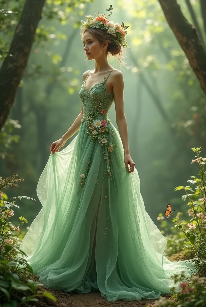 Can you make a sage green debut gown with slit on the side and make it like a fairy gown with flowers, butterfly 