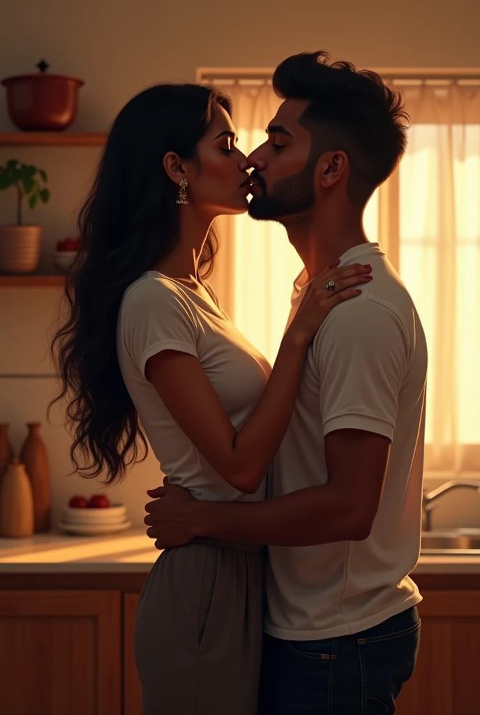 Indian 40 year old tall woman wears tshirt and slacks and Indian short height man, lip kissing in the kitchen.