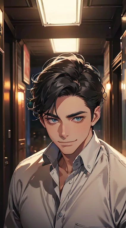 a mature man with short grey Black hair, blue eyes, 31 years, and a perfect face, smiling in love, CEO, cinematic lighting, 1:4 HDR image, top view, ultra detailed, best quality, masterpiece, 8K, photorealistic, beautiful image